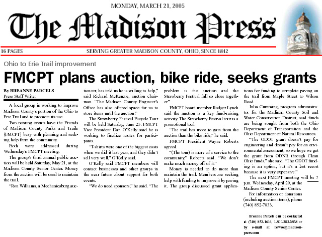 03-21-05 - Madison Press article: FMCPT plans auction, bike ride, seeks grants