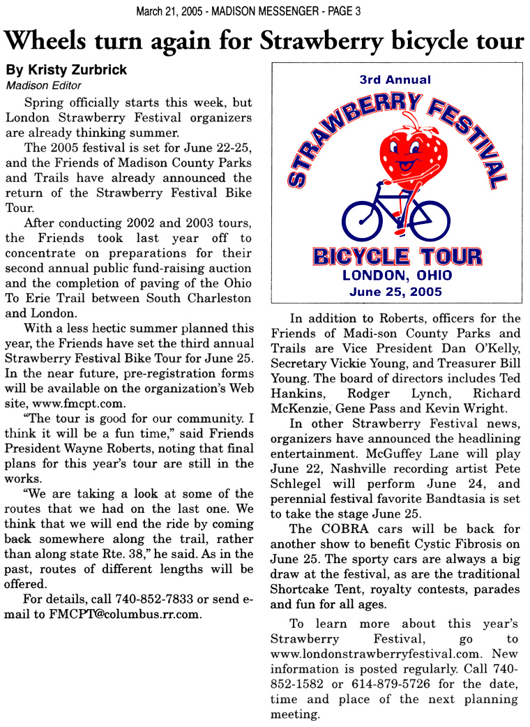 03-21-05 - Madison Messenger article: Wheels turn again for Strawberry Bicycle Tour