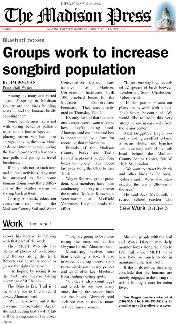 03-29-05 - Madison Press article: Groups work to increase songbird population