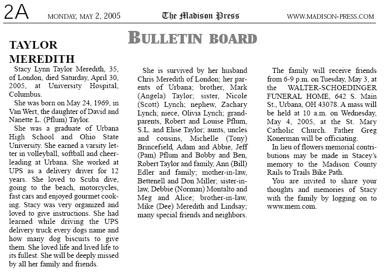 05-02-05 - Madison Press Bulletin Board:  FMCPT member Stacey Lynn Taylor Meredith passes away