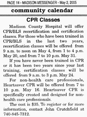 05-02-05 - Madison Messenger Community Calendar: CPR Classes