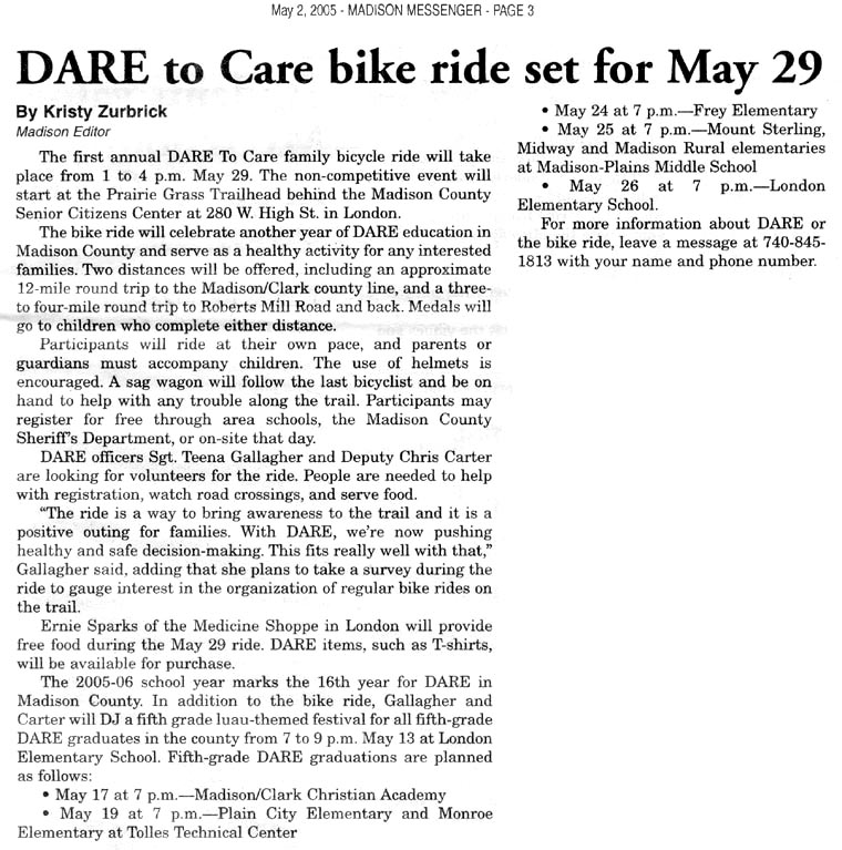 05-02-05 - Madison Messenger article: DARE to Care bike ride set for May 29