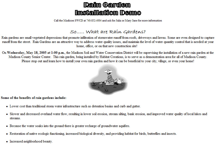 05-10-05 - The Madison Soil and Water Conservation District will be installing a "Rain Garden" at the Senior Center trailhead on Wednesday, May 18