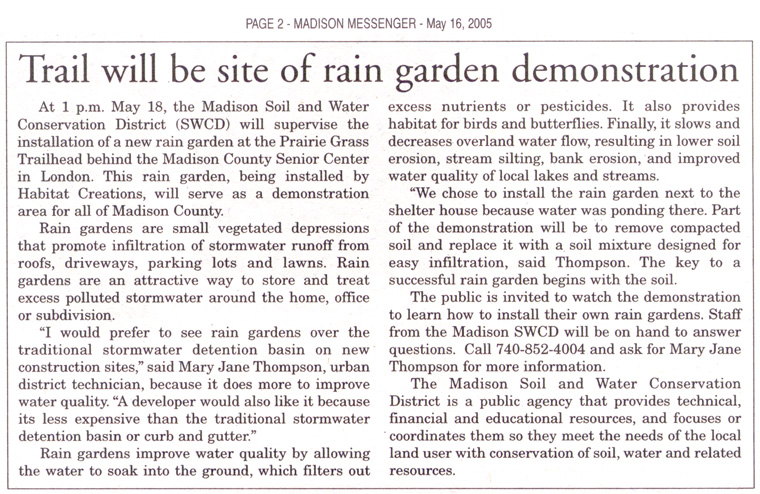 05-16-05 - Madison Messenger article: Trail will be site of rain garden demonstration