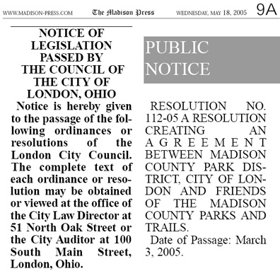 05-18-05 - Madison Press Public Notice: Notice of legislation passed by the Council of the City of London, Ohio