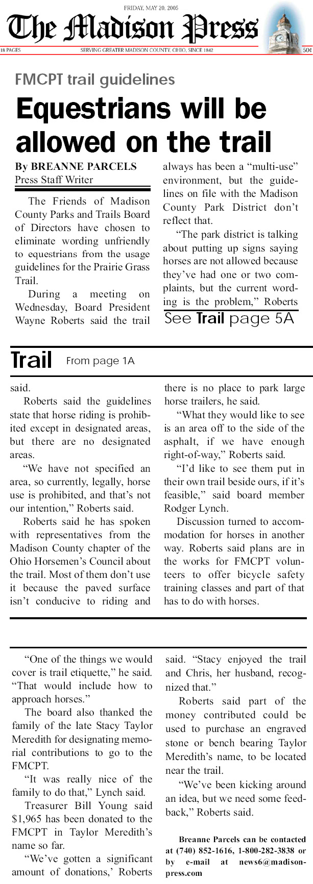 05-20-05 - Madison Press article: Equestrians will be allowed on the trail