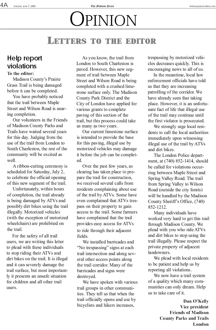 06-07-05 - Madison Press letter to the editor:  Help report violations