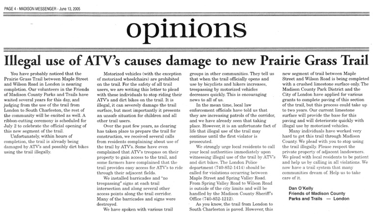 06-11-05 - Madison Messenger letter to the editor: Illegal use of ATV's causes damage to new Prairie Grass Trail