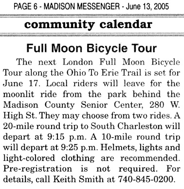 06-11-05 - Madison Messenger Community Calendar: Full Moon Bicycle Tour