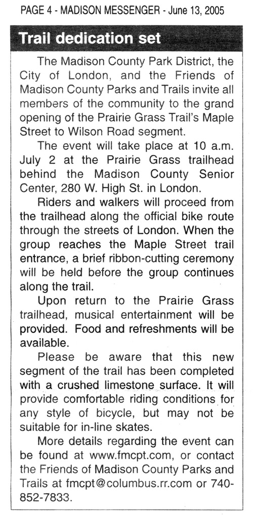 06-11-05 - Madison Messenger article: Trail dedication set