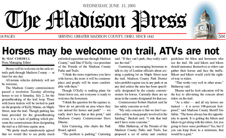 06-15-05 - Madison Press article: Horses may be welcome on trail, ATV's are not