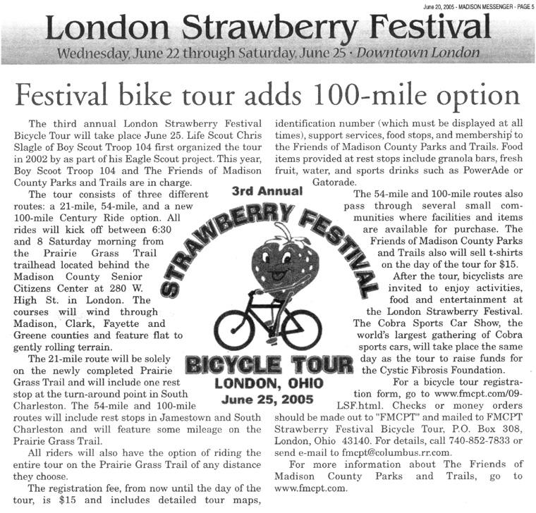 06-18-05 - Madison Messenger article: Festival bike tour adds 100-mile option