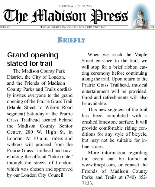 06-30-05 - Madison Press article: Grand opening slated for trail