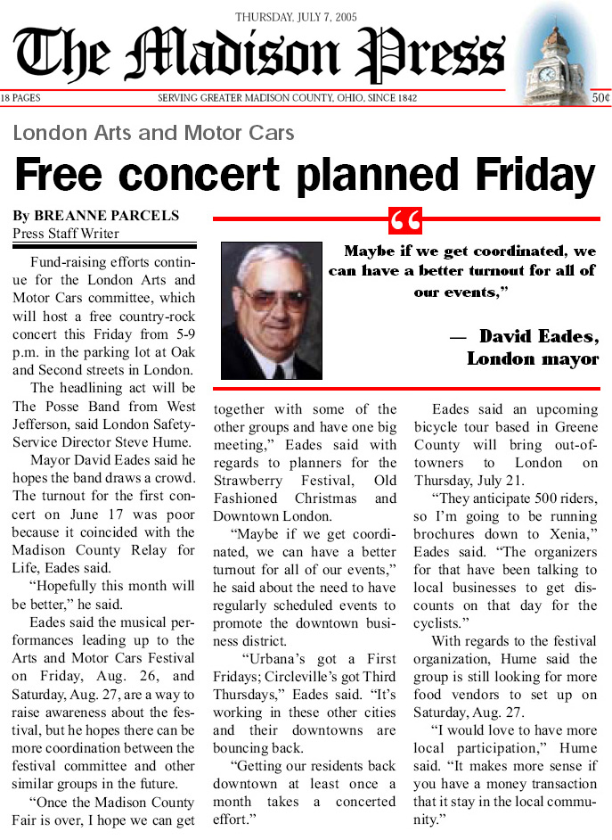 07-07-05 - Madison Press article: Free concert planned Friday