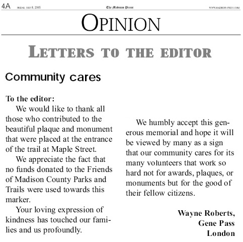 07-08-05 - Madison Press letter to the editor: Community cares