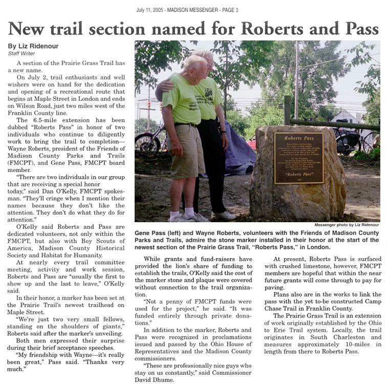 07-11-05 - Madison Messenger article: New trail section named for Roberts and Pass