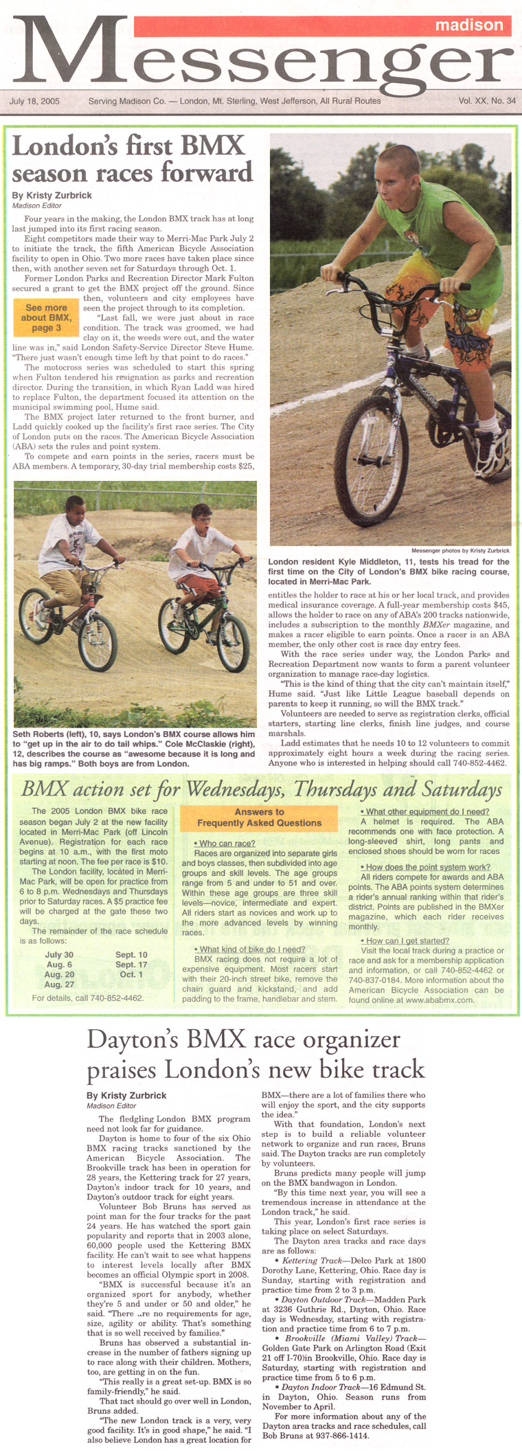 07-18-05 - Madison Messenger article: London's first BMX season races forward