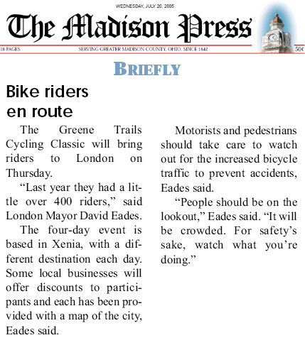 07-20-05 - Madison Press article: Bike riders en route