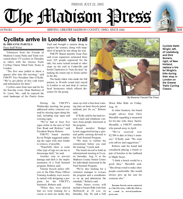 07-21-05 - Madison Press article: Cyclists arrive in London via trail