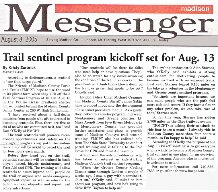 08-08-05 - Madison Messenger article: Trail sentinel program kickoff set for Aug. 13 