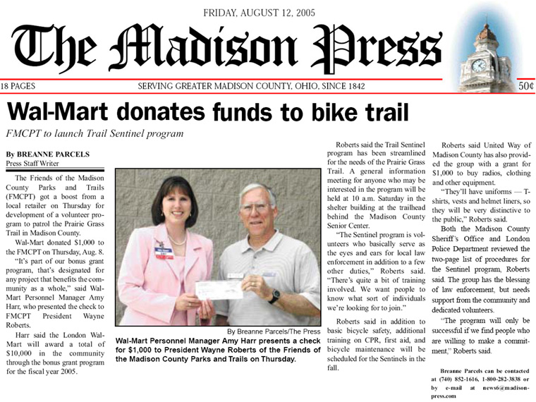 08-12-05 - Madison Press article: Wal-Mart donates funds to bike trail