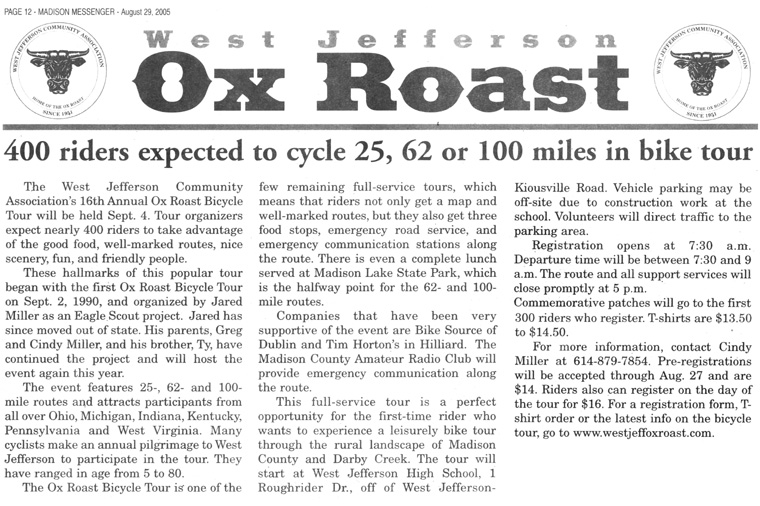 08-29-05 - Madison Messenger article: 400 riders expected to cycle 25, 62 or 100 miles in bike tour