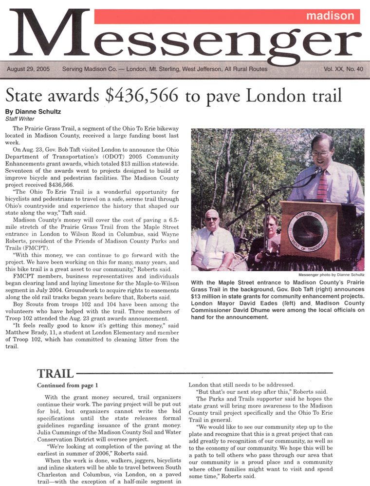 08-29-05 - Madison Messenger article: State awards $436,566 to pave London trail