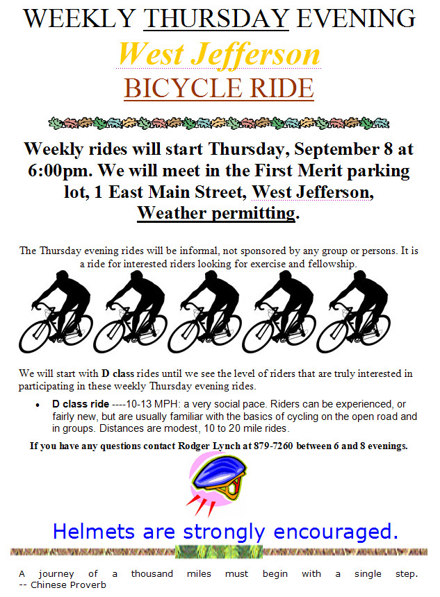 08-30-05 - A Weekly Thursday Evening West Jefferson Bicycle Ride will start up on Thursday, September 8