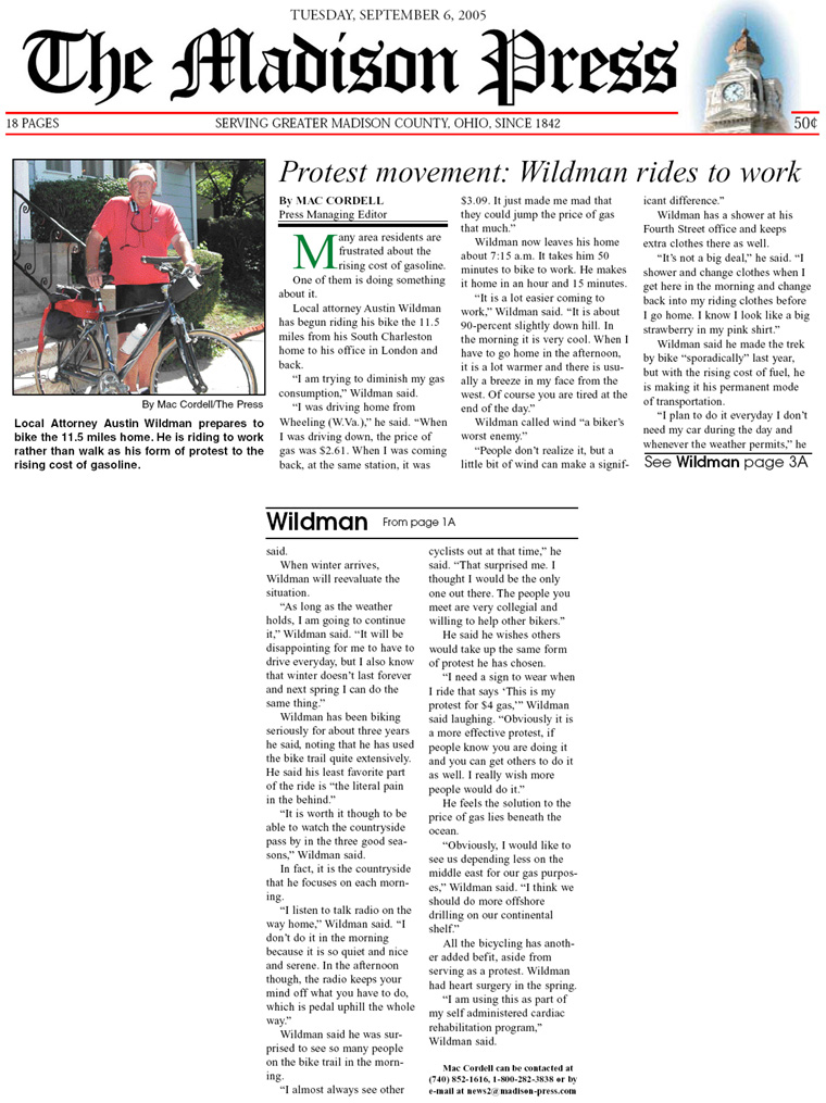 09-06-05 - Madison Press article: Protest movement: Wildman rides to work