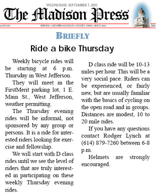 09-07-05 - Madison Press Community Briefs: Ride a bike Thursday