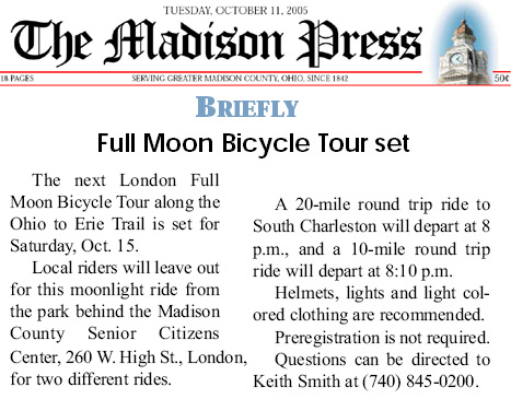 10-11-05 - Madison Press Community Briefs: Full moon bicycle tour set