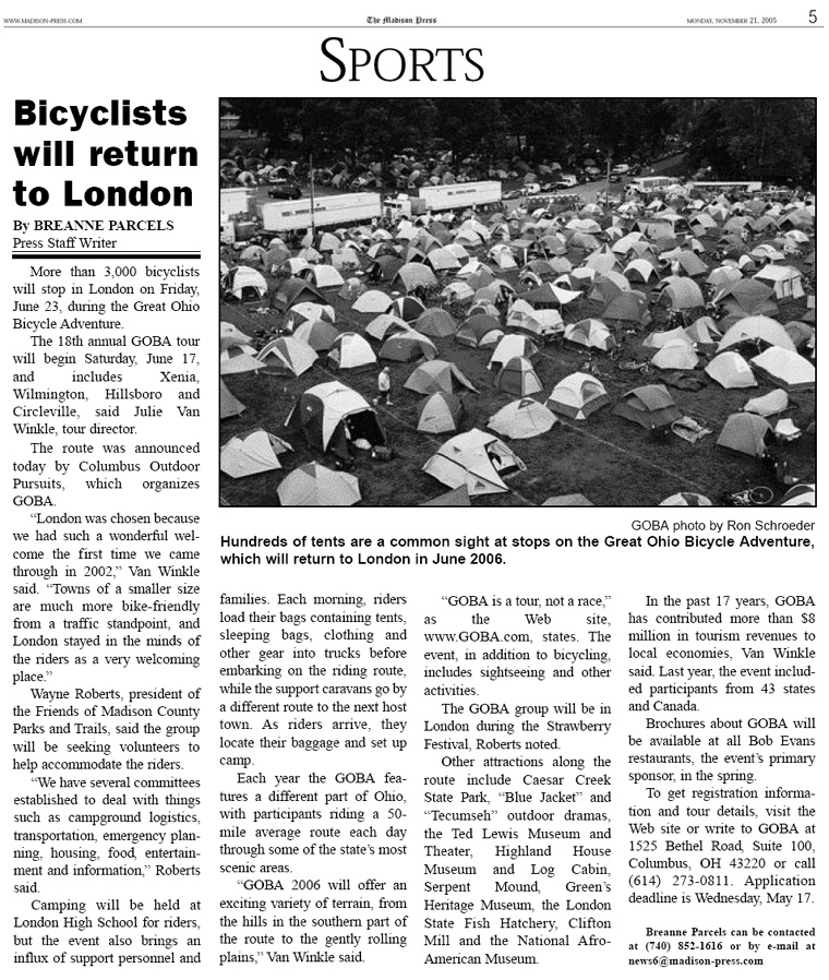 11-21-05 - Madison Press article: Bicyclists return to London