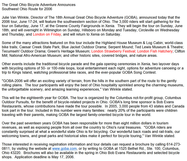 11-21-05 - The Great Ohio Bicycle Adventure is returning to London on Friday, June 23, 2006!