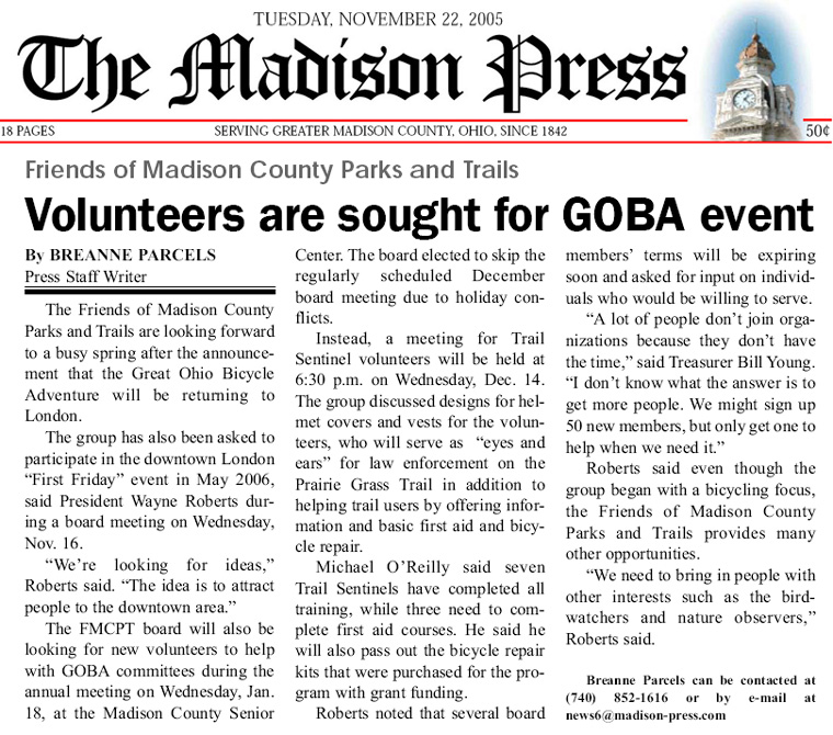 11-22-05 - Madison Press article: Volunteers are sought for GOBA event