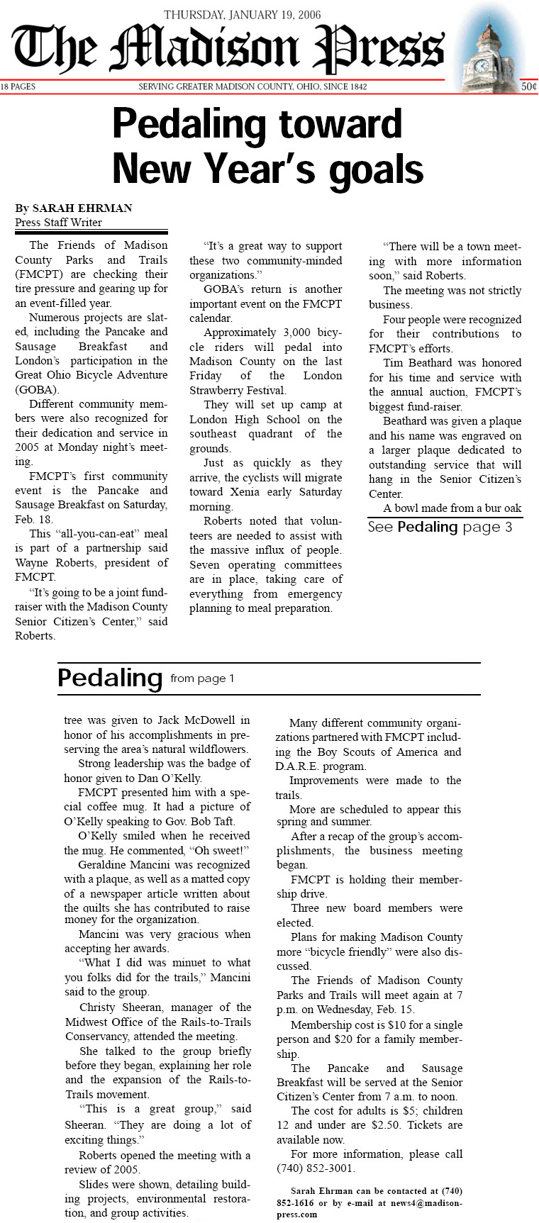 01-19-06 - Madison Press article: Pedaling toward New Year's goals