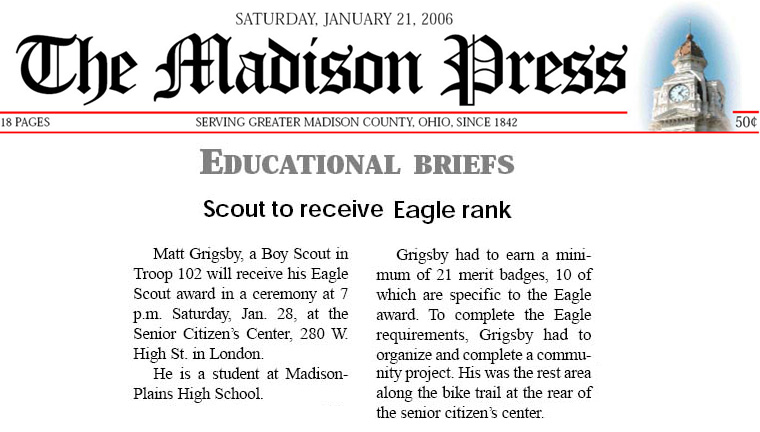 01-21-06 - Madison Press article: Scout to receive Eagle rank