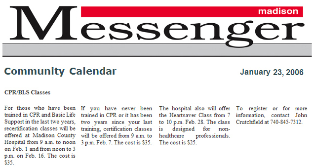 01-23-06 - Madison Messenger Community Calendar: CPR classes