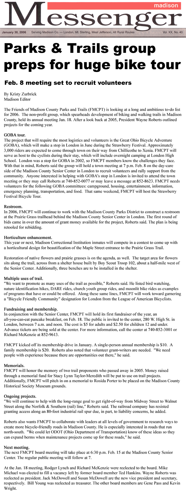 01-30-06 - Madison Messenger article: Parks & Trails group preps for huge bike tour