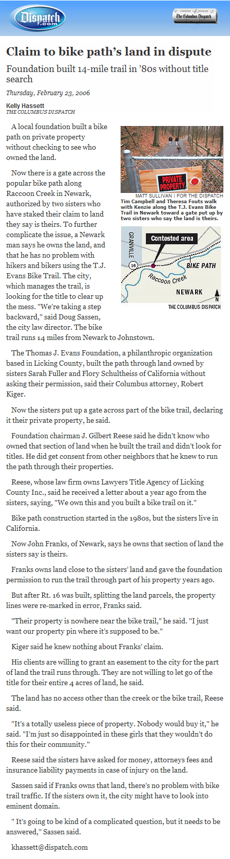 02-23-06 - Columbus Dispatch article: Claim to bike path's land in dispute