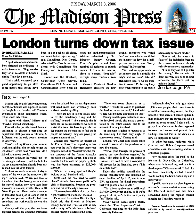 03-03-06 - Madison Press article: London turns down tax issue