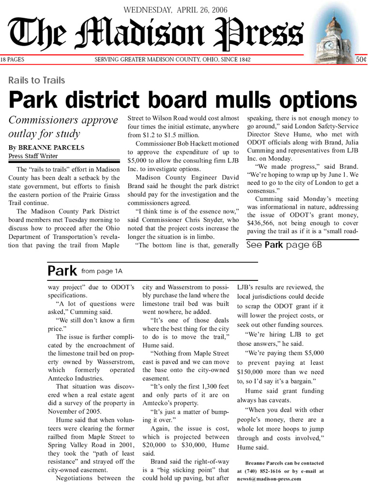 04-26-06 - Madison Press article: Park district board mulls options