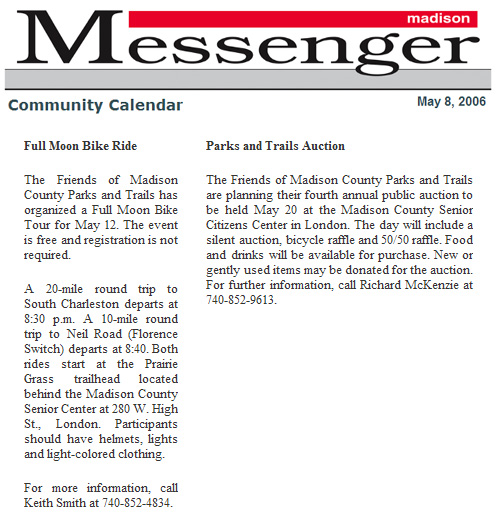 05-08-06 - Madison Messenger article:  Community Calendar