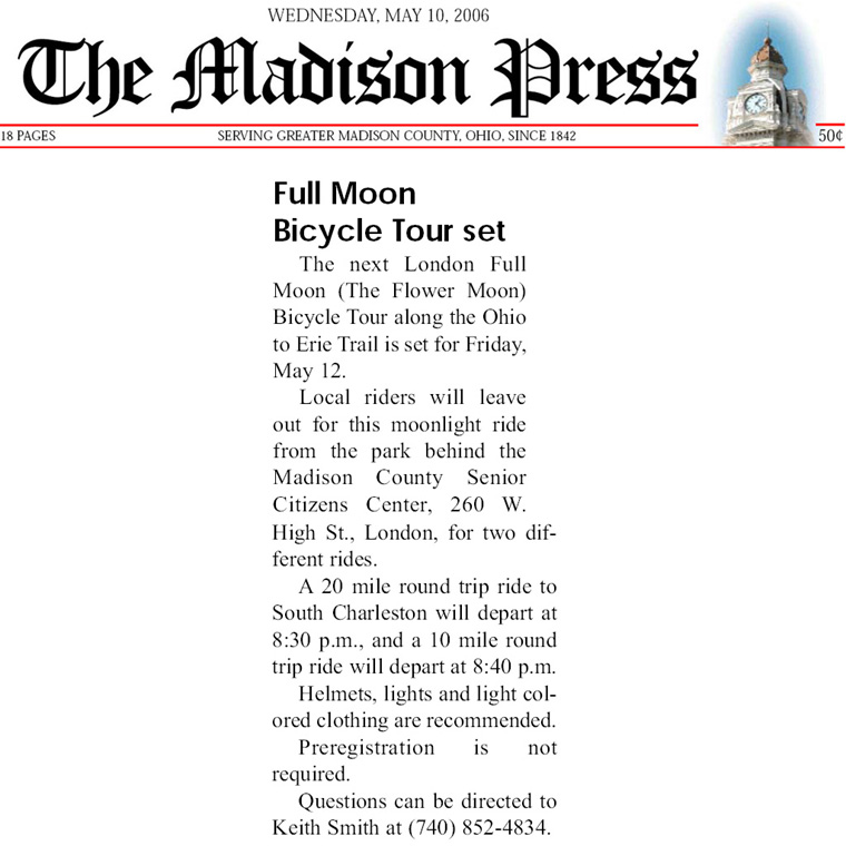 05-10-06 - Madison Press Community Briefs: Full moon bicycle tour set