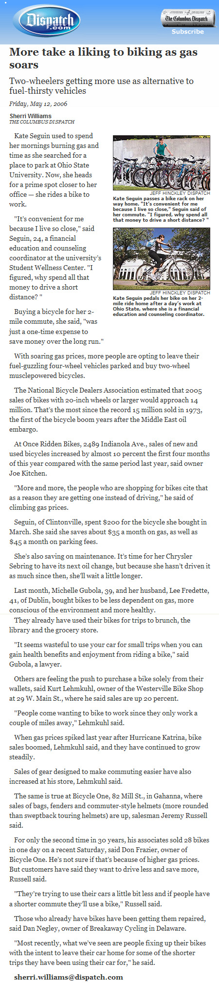 05-12-06 - Columbus Dispatch article: More taking a liking to biking as gas soars