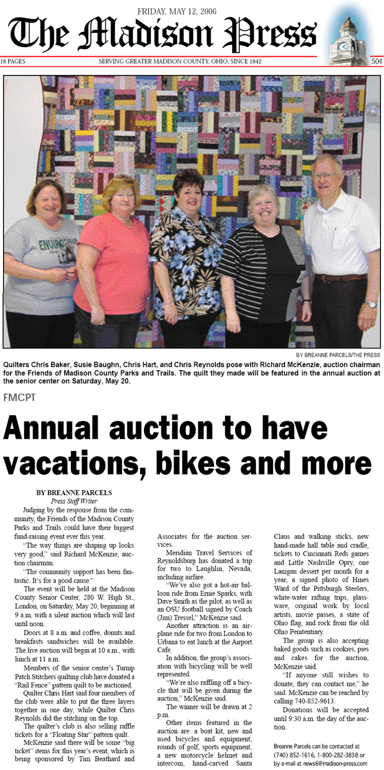 05-12-06 - Madison Press article:  Annual auction to have vacations, bikes and more