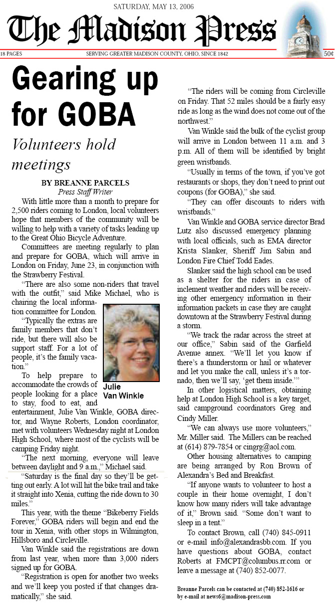 05-13-06 - Madison Press article: Gearing up for GOBA