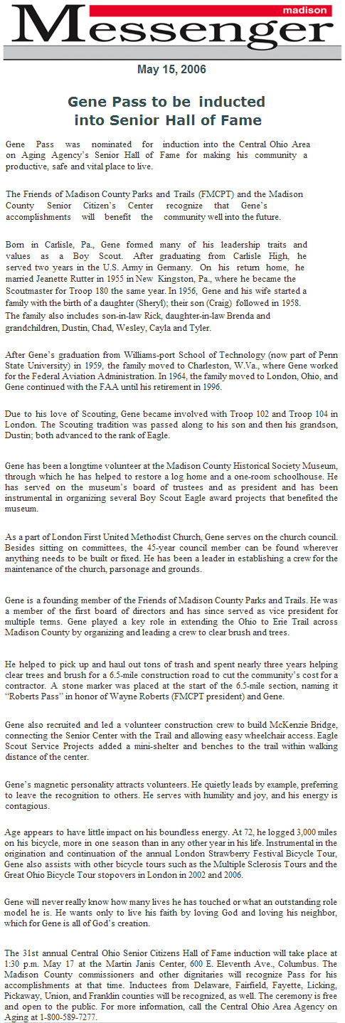 05-15-06 - Madison Messenger article: Gene Pass to be inducted into Senior Hall of Fame