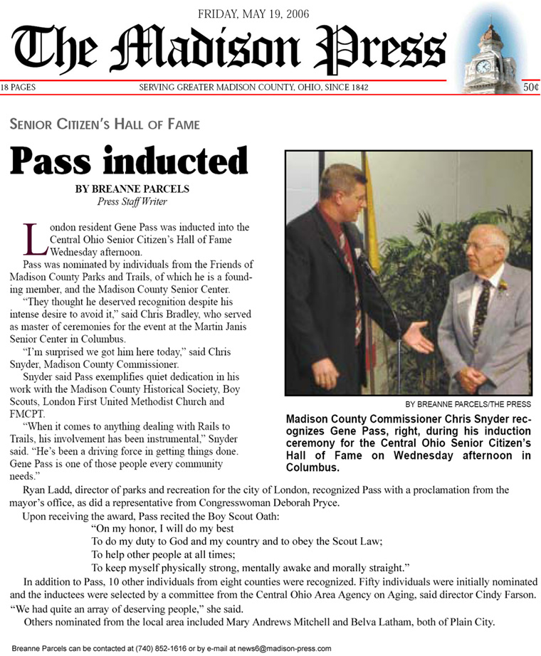 05-19-06 - Madison Press article: Pass inducted - Senior Citizen's Hall of Fame