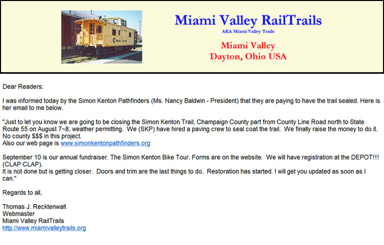 08-04-06 - Important message from Miami Valley Rail Trails regarding the Simon Kenton Trail