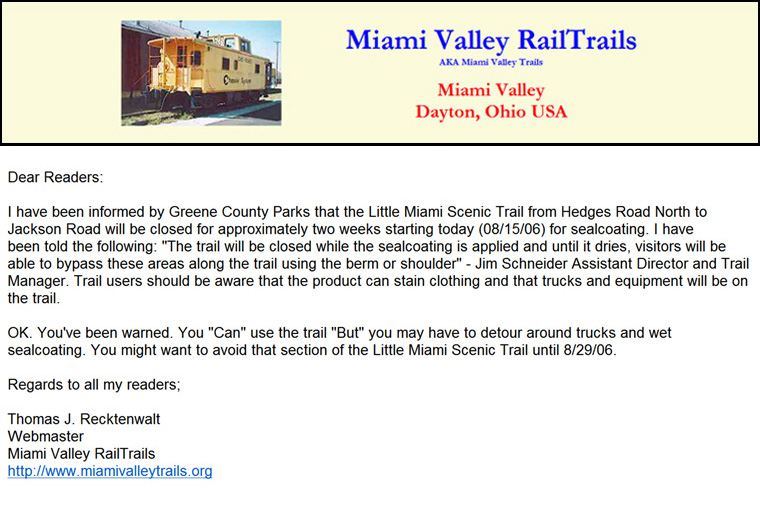 08-15-06 - Important message from Miami Valley Rail Trails regarding the Little Miami Scenic Trail